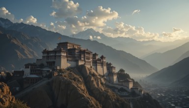 The image showcases a stunning fortress nestled on a rocky mountain, with the majestic Himalayas in