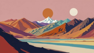This vibrant illustration depicts a stylized mountain range with a setting sun and a second moon,