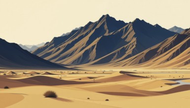 A stylized illustration depicts a desert scene with rolling sand dunes and majestic mountains under