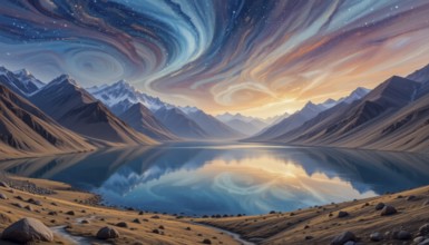 A breathtaking landscape features a calm lake reflecting a vibrant sky filled with swirling colors,