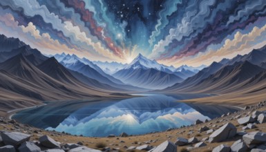 A stunning landscape painting showcases a mountain range reflected in a calm lake, under a sky of