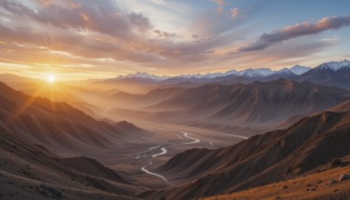 The sun rises, casting a warm glow over the mountains and valley below, creating a breathtaking