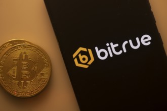 Bitcoin coin beside a black phone screen displaying the Bitrue logo