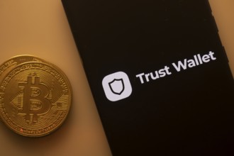 Bitcoin coin near a phone displaying Trust Wallet logo on a black screen