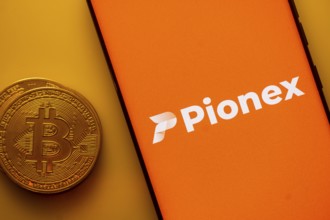 Pionex logo appears on a smartphone next to a Bitcoin coin on an orange background
