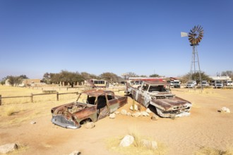 Solitaire's car graveyard in Namibia - 27 August, 2025: features rusted vintage cars near small