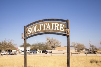 The remote desert settlement of Solitaire in Namibia - 27 August, 2025: features a sign displaying