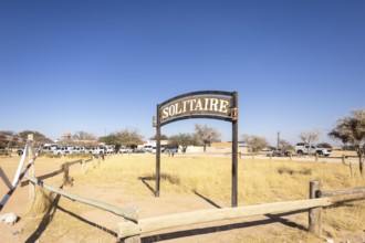 The remote desert settlement of Solitaire in Namibia 27 August, 2025: features a sign displaying