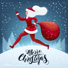 Mrs. Claus is running fast with a bag full of christmas gifts on a snowy night, AI generated