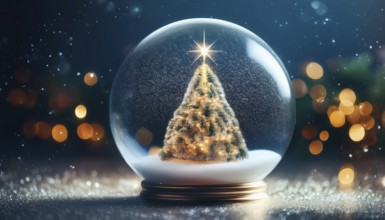 Snow globe featuring a christmas tree with falling snow and bokeh lights, creating a magical