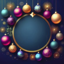 Colorful christmas ornaments hanging around a golden circular frame with fireworks, creating a