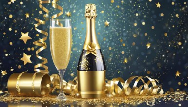 A champagne bottle and a filled glass sit among gold streamers, confetti, and sparkling