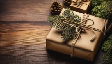 Christmas presents wrapped in brown paper decorated with pine branches and pine cones lying on a