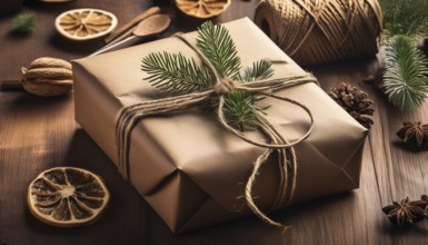 Christmas present wrapped in simple brown paper, tied with twine and decorated with natural pine