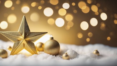 Christmas still life with golden star and baubles on snow with warm bokeh lights in background, AI