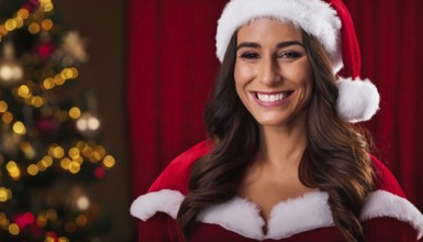 Beautiful smiling woman wearing santa hat posing in front of christmas tree lights, AI generated