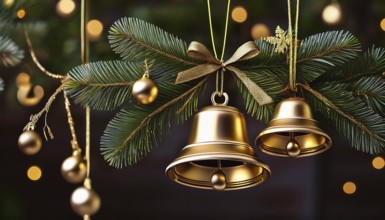 Golden christmas bells and ornaments hanging on pine branches create a festive holiday scene with
