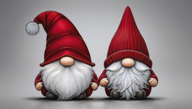 Two gnomes with long white beards and red hats are sitting on gray background, bringing christmas