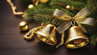 Golden christmas bells with golden ribbon and fir tree branch on wooden table, AI generated
