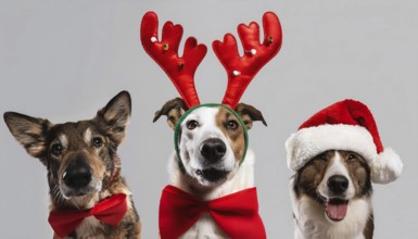 Three adorable dogs wearing festive christmas costumes, bringing holiday cheer, AI generated