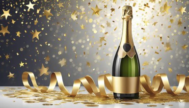 A bottle of champagne is surrounded by gold ribbons and confetti. The image conveys a celebratory