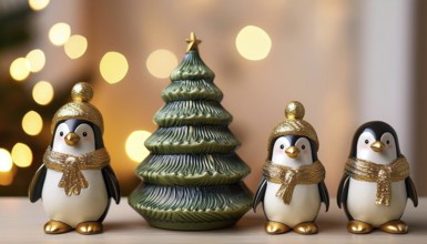 Three adorable penguins wearing golden scarves and hats gather around a festive christmas tree,