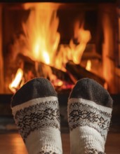 Feet in christmas socks warming by cozy fireplace on winter evening, AI generated