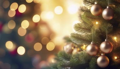 Festive christmas tree with golden baubles and warm string lights creating a magical holiday