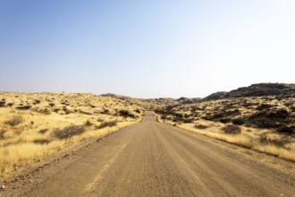 A road Spreetshoogte Pass in Namibia, with a gravel road winding through golden grassland and rocky