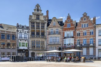 Historical houses and pavement cafes on Market Square in historic city centre of Dendermonde,