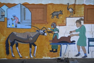 Wall painting of an oryx antelope (Oryx gazella) at a school, Oranjemund, Diamond Sperrgebiet,