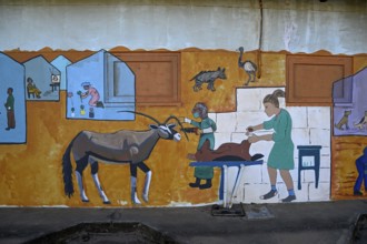 Wall painting of an oryx antelope (Oryx gazella) at a school, Oranjemund, Diamond Sperrgebiet,