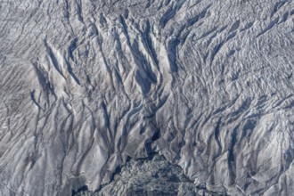 Crevasses and streaks mark the surface of the glacier. The sunlight highlights these unique