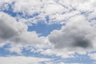 Dense clouds float in the blue sky and create a calming landscape. Natural light illuminates the