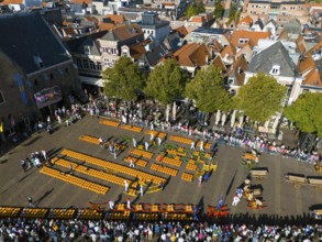 Aerial view of a busy marketplace with orange cheese and people, aerial view, cheese, cheese