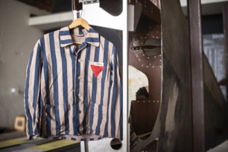 Copy of a blue and grey striped jacket of a concentration camp prisoner, documentation centre in