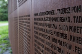 Name wall made of steel plates with a total of 2908 laser-engraved names of former concentration