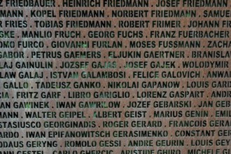 Detail, name wall made of steel plates with a total of 2908 laser-engraved names of former