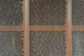 Detail, name wall made of steel plates with a total of 2908 laser-engraved names of former