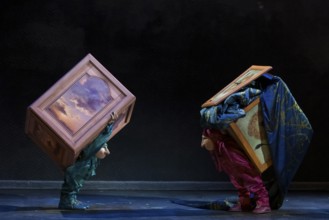 Two artists dressed up at the press screening of Alizé, a joint production by Cirque du Soleil and