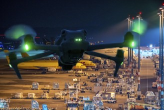 Symbolic image, photomontage, reconnaissance, spying with drones here at an airport, critical