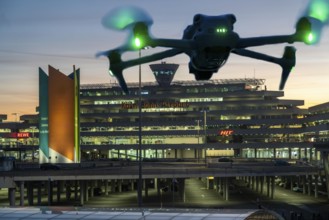 Symbolic image, photomontage, reconnaissance, spying with drones here at an airport, critical