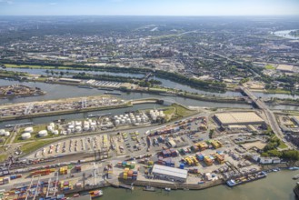 Aerial view, Duisburg harbour with Ruhrort container terminal, oil island and coal island, river