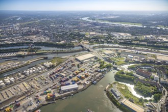 Aerial view, harbour Duisburg Ruhrorter Straße with Ruhrort Container Terminal and coal ring