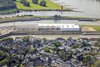Aerial view, logistics hall construction site and new building on Mercatorinsel, Ruhrort, Duisburg,