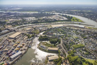 Aerial view, harbour Duisburg Ruhrorter Straße and Kohle-Ringhafen with Karl-Lehr-Brücke,
