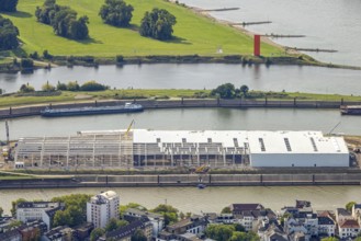 Aerial view, logistics hall construction site and new building on Mercatorinsel, Ruhrort, Duisburg,