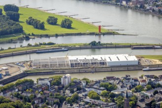 Aerial view, logistics hall construction site and new building on Mercatorinsel, Ruhrort, Duisburg,