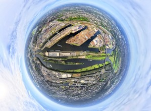 Aerial view, Duisburg-Ruhrort harbour with oil island, coal island and scrap island, A59 motorway,