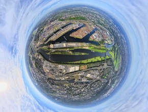Aerial view, Duisburg-Ruhrort harbour with oil island, coal island and scrap island, A59 motorway,